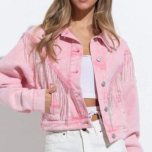 Joiemont Denim Jean Jacket with Fringe Rhinestones Pink